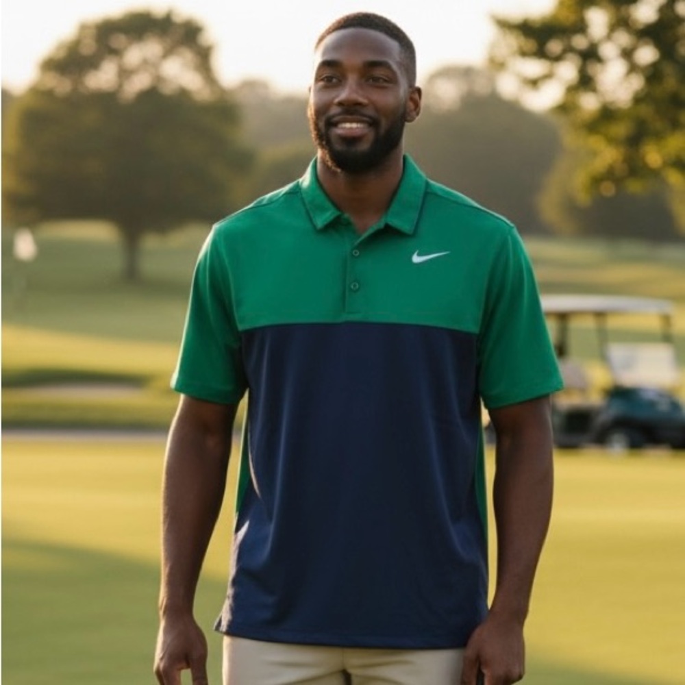 Nike Men’s Green and Navy Colorblock Polo Shirt L